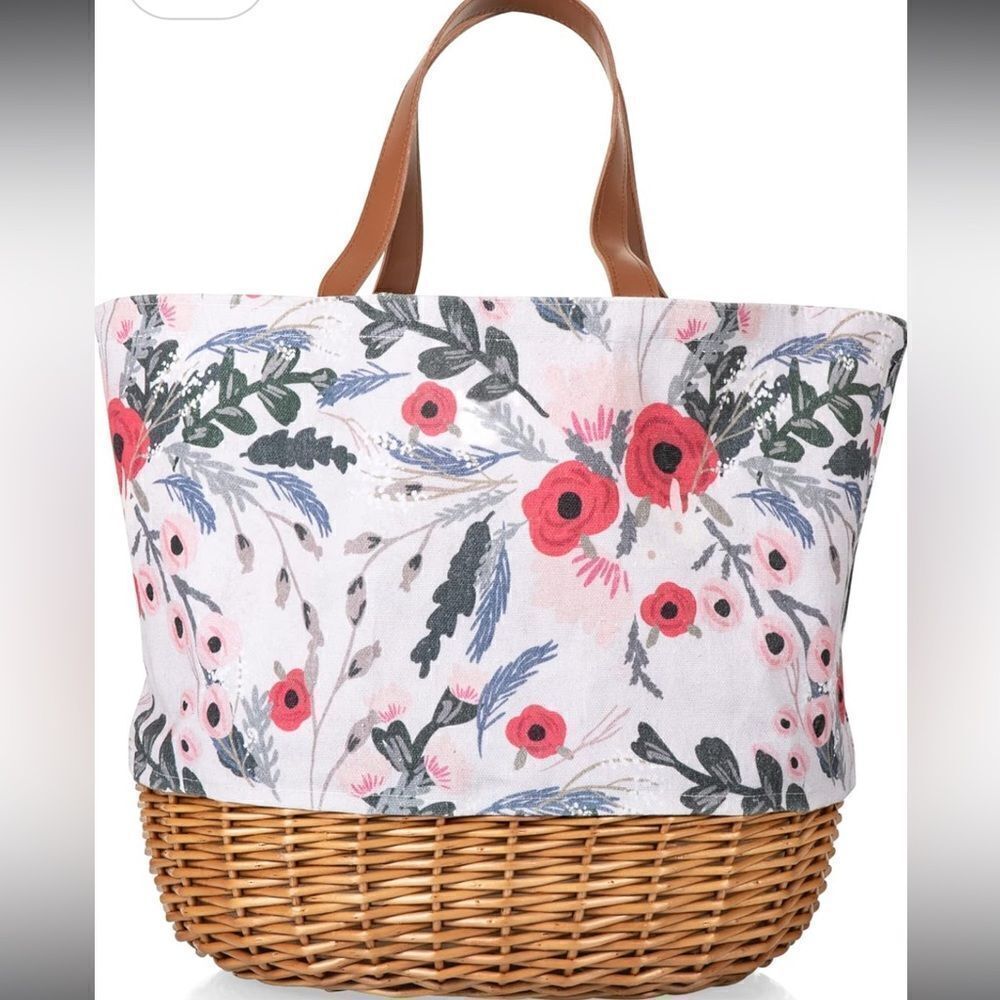 Coronado‎ Canvas and Willow Basket Tote in Floral Pattern and Leather Strap NWOT